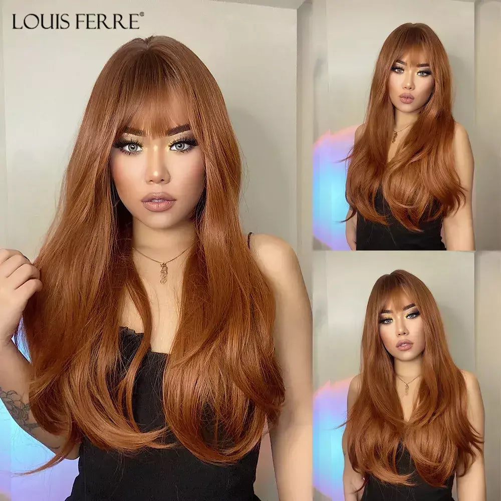 Louis ferre longo ombre loira perucas sintéticas com franja para mulheres onda natural penteado fibra resistente ao calor cosplay perucas marrons