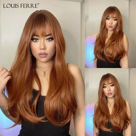 Louis ferre longo ombre loira perucas sintéticas com franja para mulheres onda natural penteado fibra resistente ao calor cosplay perucas marrons