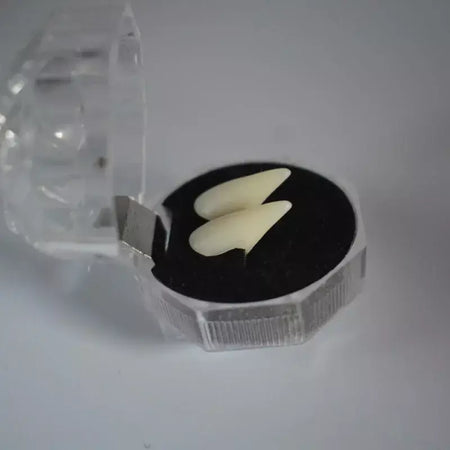 1 par de dentes de vampiro, presas, adereços para dentaduras, fantasia de halloween, dentes falsos, cola sólida, adesivo para dentadura, decoração de festa de halloween
