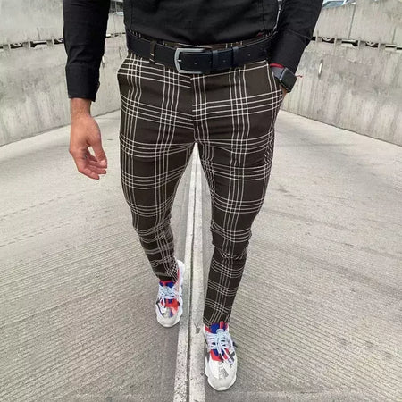 Calça xadrez casual masculina, calça stretch social, cintura média, magro, escritório de negócios, trabalhando, festa, terno masculino, outono, verão