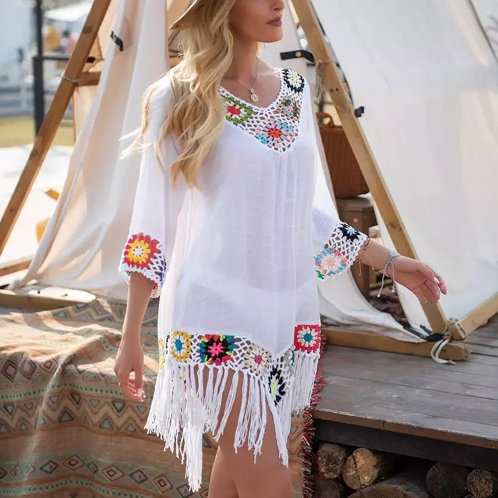 CROCHET BIKINI-Cobertura de biquíni branco com franjas para mulheres, túnica oca sexy, vestido de praia, roupa de banho de verão, praia