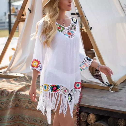 CROCHET BIKINI-Cobertura de biquíni branco com franjas para mulheres, túnica oca sexy, vestido de praia, roupa de banho de verão, praia