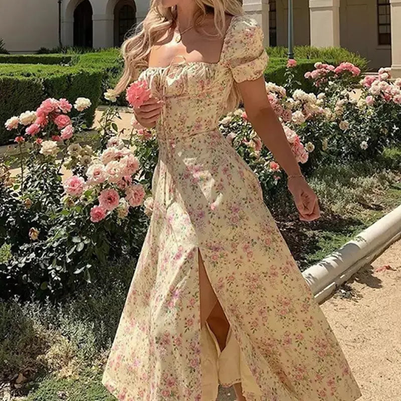 Feminino floral impressão split vestido doce puff manga curta gola quadrada fino ajuste maxi vestido de férias verão casual sexy a linha vestido
