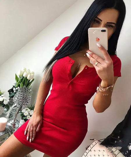 Vestido de verão 2020 outono feminino sexy casual malha bainha mini vestidos senhoras sólido decote em v botão no peito manga curta bodycon vestido