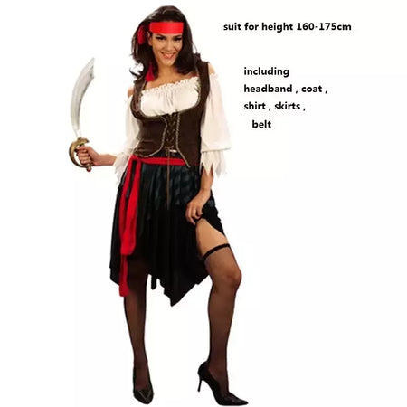 Trajes de pirata para mulheres homens adultos halloween masculino capitão jack sparrow traje piratas do caribe cosplay conjunto de roupas