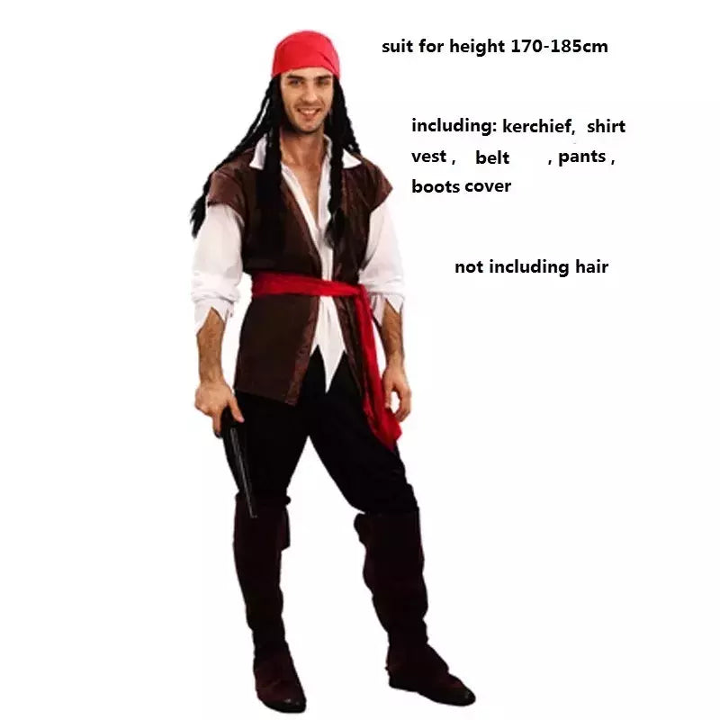 Trajes de pirata para mulheres homens adultos halloween masculino capitão jack sparrow traje piratas do caribe cosplay conjunto de roupas