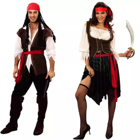 Trajes de pirata para mulheres homens adultos halloween masculino capitão jack sparrow traje piratas do caribe cosplay conjunto de roupas