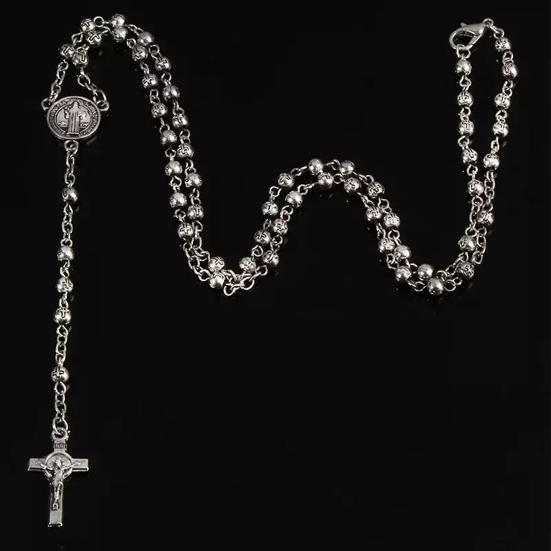 Contas de rosário de aço inoxidável colar de contas de 4 mm, colar de rosário pequeno, colar de joias femininas colar de cruz de Jesus.