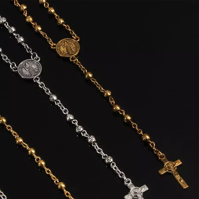 Contas de rosário de aço inoxidável colar de contas de 4 mm, colar de rosário pequeno, colar de joias femininas colar de cruz de Jesus.