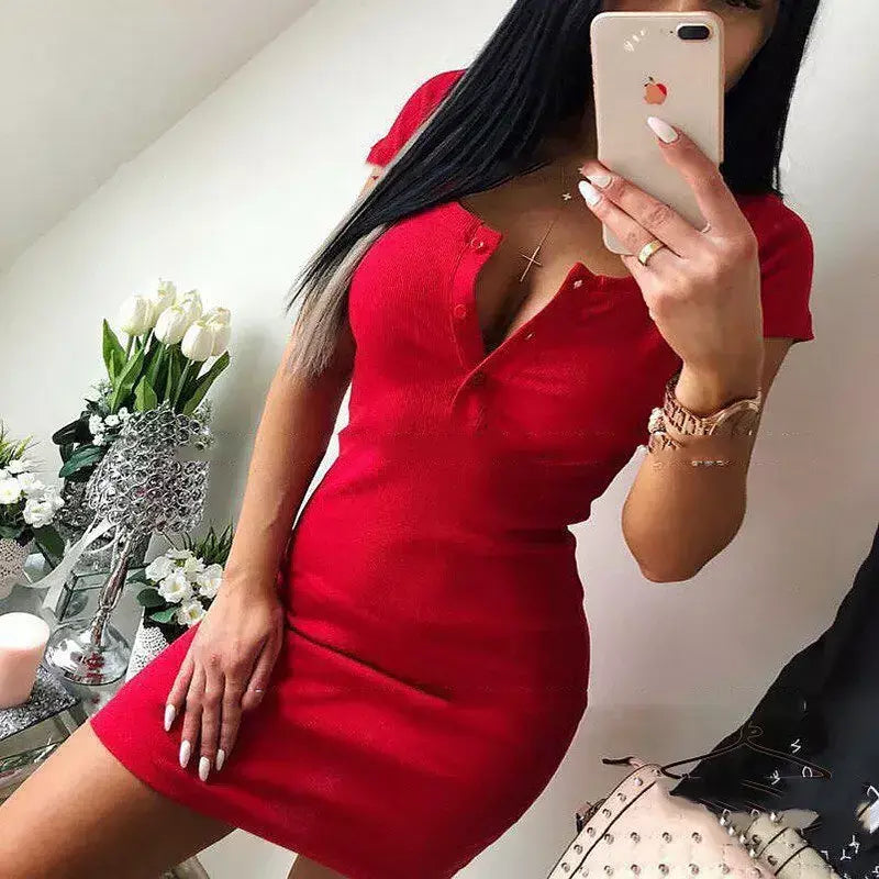 Vestido de verão 2020 outono feminino sexy casual malha bainha mini vestidos senhoras sólido decote em v botão no peito manga curta bodycon vestido