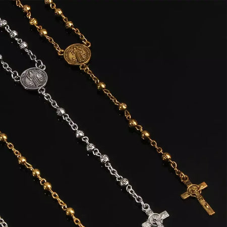 Contas de rosário de aço inoxidável colar de contas de 4 mm, colar de rosário pequeno, colar de joias femininas colar de cruz de Jesus.