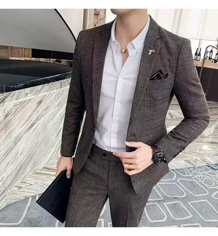 (Blazer + calças) high-end marca formal negócios xadrez terno dos homens noivo vestido de casamento cor sólida palco desempenho smoking S-7XL