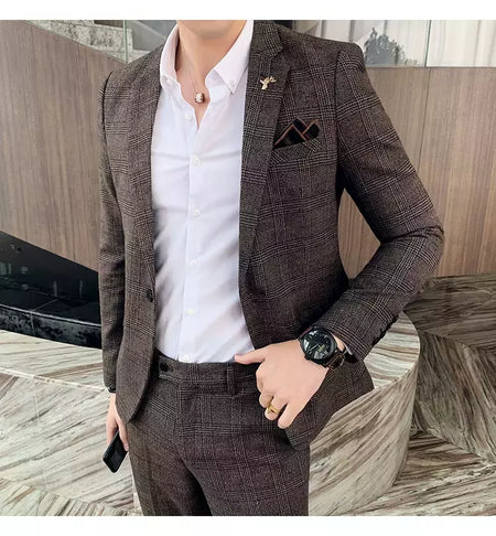 (Blazer + calças) high-end marca formal negócios xadrez terno dos homens noivo vestido de casamento cor sólida palco desempenho smoking S-7XL