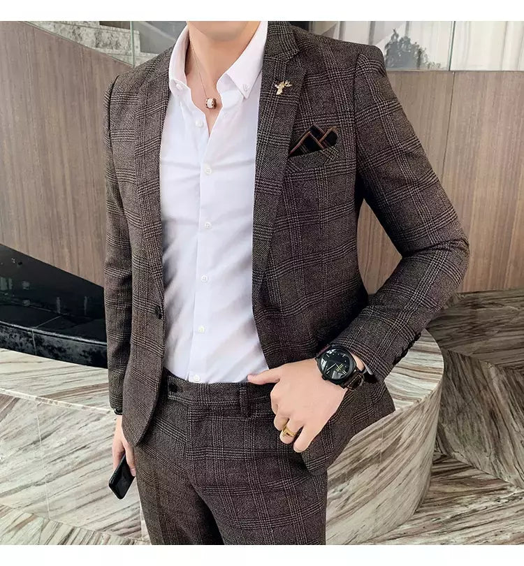 (Blazer + calças) high-end marca formal negócios xadrez terno dos homens noivo vestido de casamento cor sólida palco desempenho smoking S-7XL