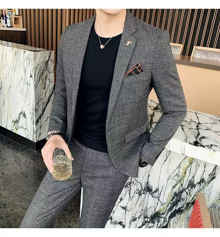 (Blazer + calças) high-end marca formal negócios xadrez terno dos homens noivo vestido de casamento cor sólida palco desempenho smoking S-7XL