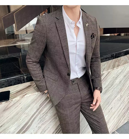 (Blazer + calças) high-end marca formal negócios xadrez terno dos homens noivo vestido de casamento cor sólida palco desempenho smoking S-7XL