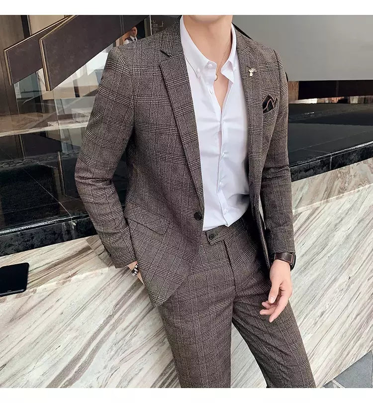 (Blazer + calças) high-end marca formal negócios xadrez terno dos homens noivo vestido de casamento cor sólida palco desempenho smoking S-7XL