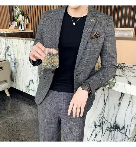 (Blazer + calças) high-end marca formal negócios xadrez terno dos homens noivo vestido de casamento cor sólida palco desempenho smoking S-7XL