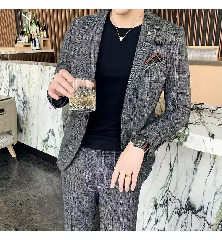 (Blazer + calças) high-end marca formal negócios xadrez terno dos homens noivo vestido de casamento cor sólida palco desempenho smoking S-7XL