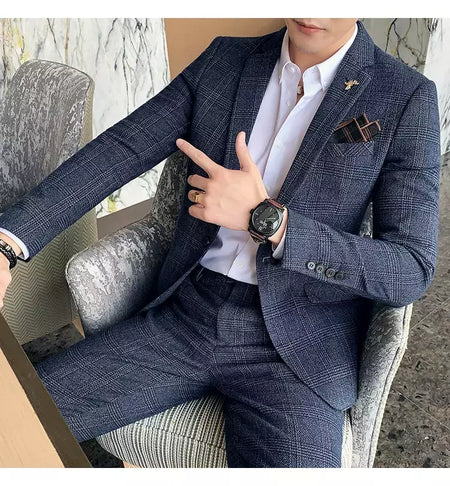 (Blazer + calças) high-end marca formal negócios xadrez terno dos homens noivo vestido de casamento cor sólida palco desempenho smoking S-7XL