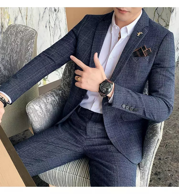 (Blazer + calças) high-end marca formal negócios xadrez terno dos homens noivo vestido de casamento cor sólida palco desempenho smoking S-7XL