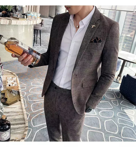 (Blazer + calças) high-end marca formal negócios xadrez terno dos homens noivo vestido de casamento cor sólida palco desempenho smoking S-7XL