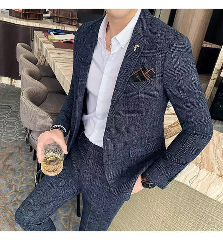 (Blazer + calças) high-end marca formal negócios xadrez terno dos homens noivo vestido de casamento cor sólida palco desempenho smoking S-7XL