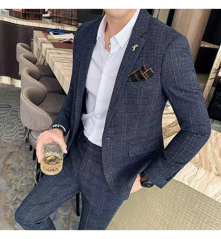 (Blazer + calças) high-end marca formal negócios xadrez terno dos homens noivo vestido de casamento cor sólida palco desempenho smoking S-7XL
