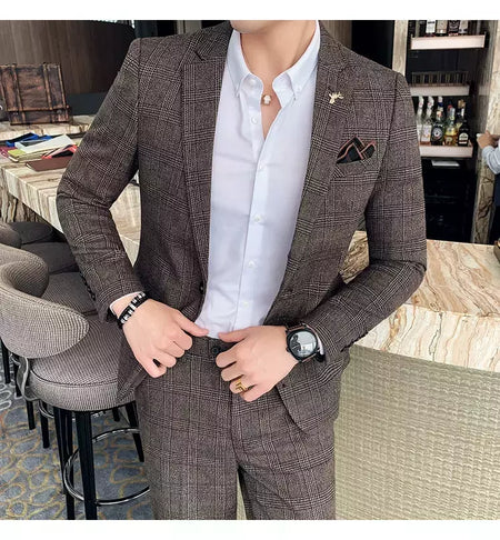 (Blazer + calças) high-end marca formal negócios xadrez terno dos homens noivo vestido de casamento cor sólida palco desempenho smoking S-7XL