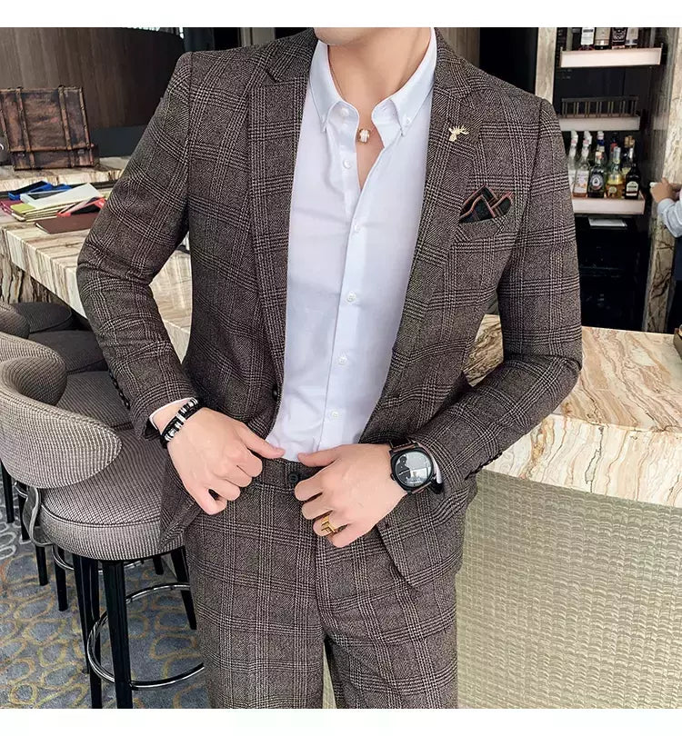 (Blazer + calças) high-end marca formal negócios xadrez terno dos homens noivo vestido de casamento cor sólida palco desempenho smoking S-7XL