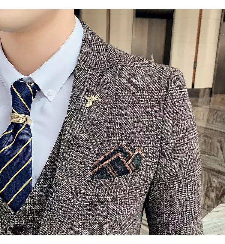 (Blazer + calças) high-end marca formal negócios xadrez terno dos homens noivo vestido de casamento cor sólida palco desempenho smoking S-7XL