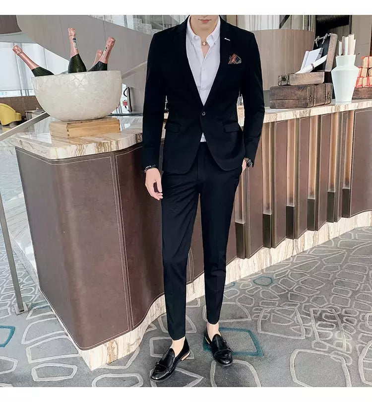 (Blazer + calças) high-end marca formal negócios xadrez terno dos homens noivo vestido de casamento cor sólida palco desempenho smoking S-7XL
