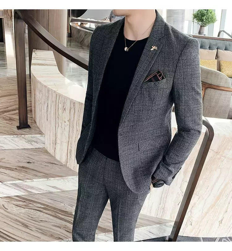 (Blazer + calças) high-end marca formal negócios xadrez terno dos homens noivo vestido de casamento cor sólida palco desempenho smoking S-7XL