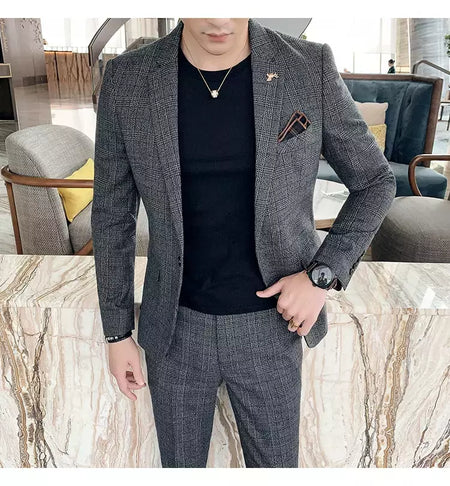 (Blazer + calças) high-end marca formal negócios xadrez terno dos homens noivo vestido de casamento cor sólida palco desempenho smoking S-7XL