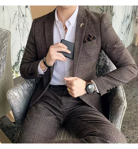 (Blazer + calças) high-end marca formal negócios xadrez terno dos homens noivo vestido de casamento cor sólida palco desempenho smoking S-7XL