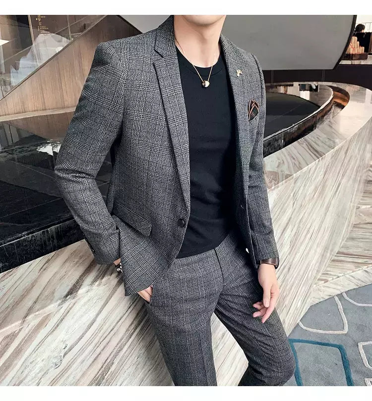 (Blazer + calças) high-end marca formal negócios xadrez terno dos homens noivo vestido de casamento cor sólida palco desempenho smoking S-7XL