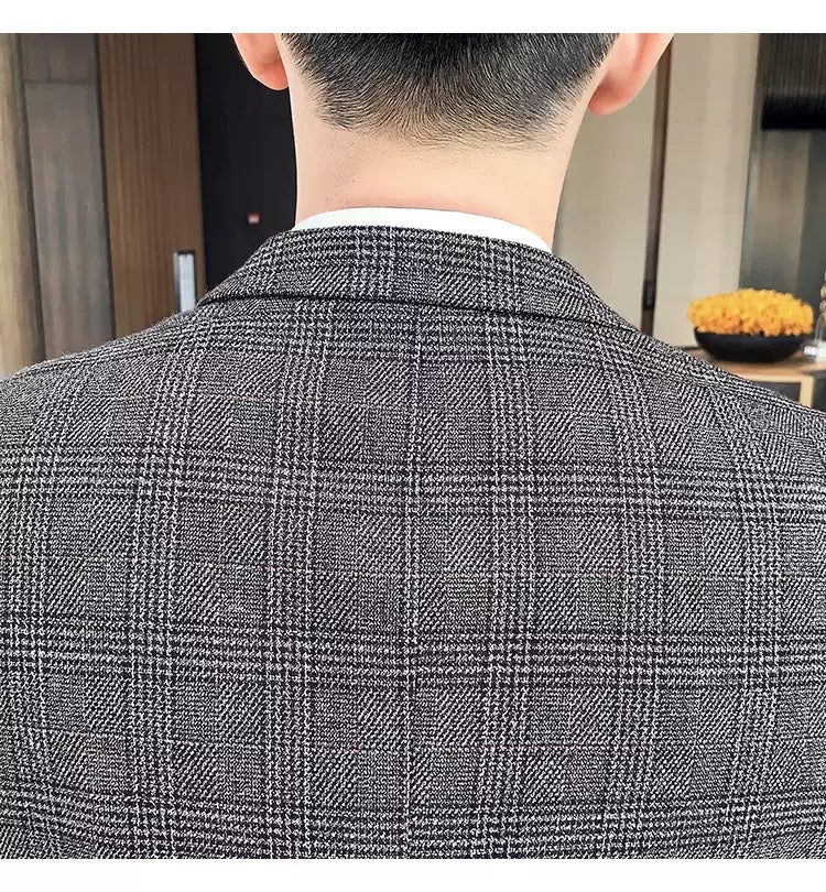 (Blazer + calças) high-end marca formal negócios xadrez terno dos homens noivo vestido de casamento cor sólida palco desempenho smoking S-7XL