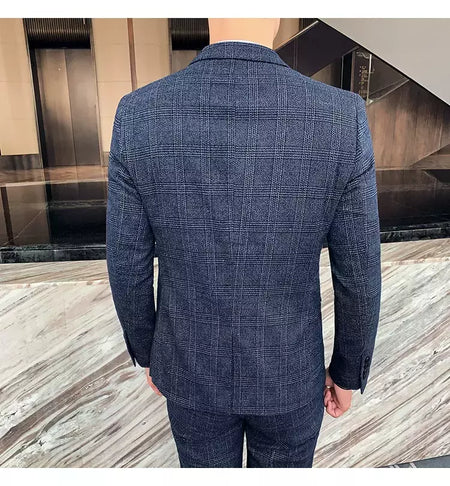 (Blazer + calças) high-end marca formal negócios xadrez terno dos homens noivo vestido de casamento cor sólida palco desempenho smoking S-7XL