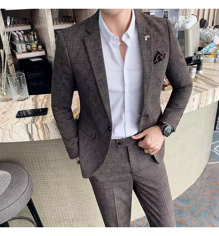 (Blazer + calças) high-end marca formal negócios xadrez terno dos homens noivo vestido de casamento cor sólida palco desempenho smoking S-7XL