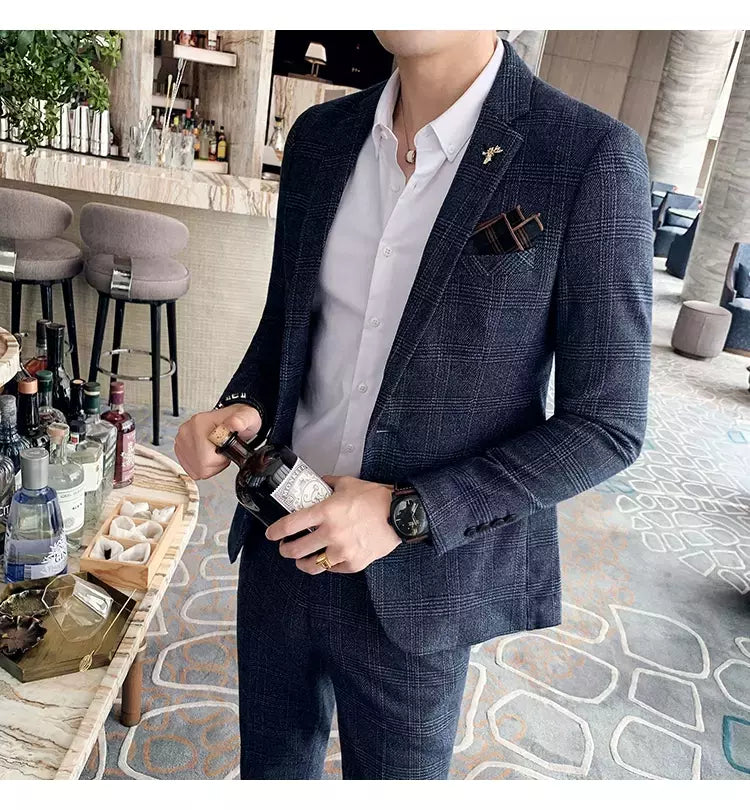 (Blazer + calças) high-end marca formal negócios xadrez terno dos homens noivo vestido de casamento cor sólida palco desempenho smoking S-7XL
