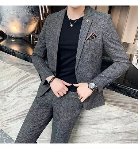 (Blazer + calças) high-end marca formal negócios xadrez terno dos homens noivo vestido de casamento cor sólida palco desempenho smoking S-7XL
