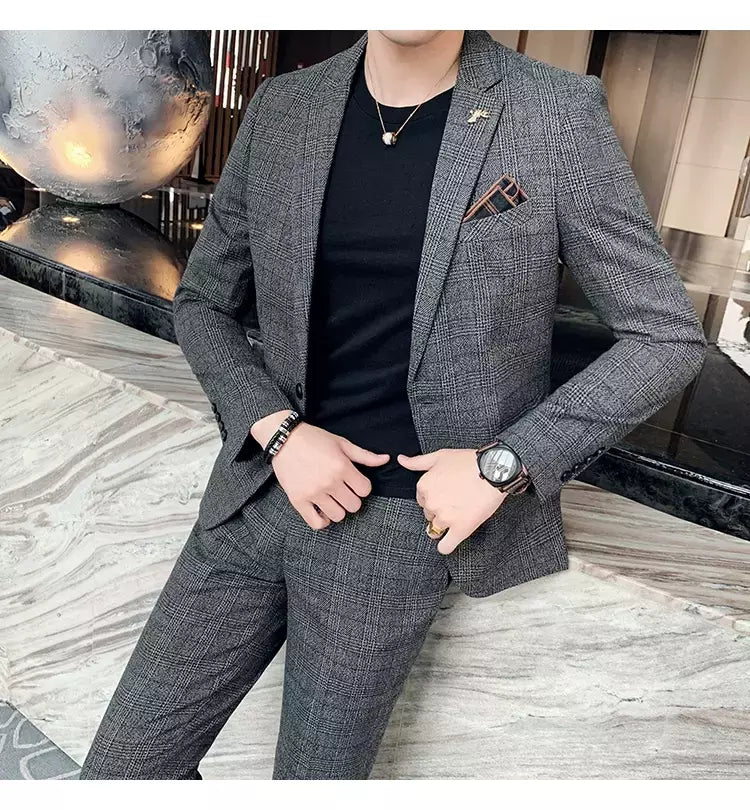(Blazer + calças) high-end marca formal negócios xadrez terno dos homens noivo vestido de casamento cor sólida palco desempenho smoking S-7XL