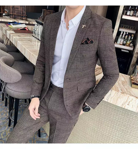 (Blazer + calças) high-end marca formal negócios xadrez terno dos homens noivo vestido de casamento cor sólida palco desempenho smoking S-7XL