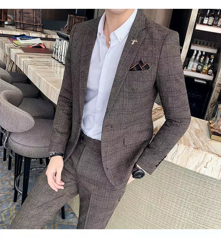 (Blazer + calças) high-end marca formal negócios xadrez terno dos homens noivo vestido de casamento cor sólida palco desempenho smoking S-7XL