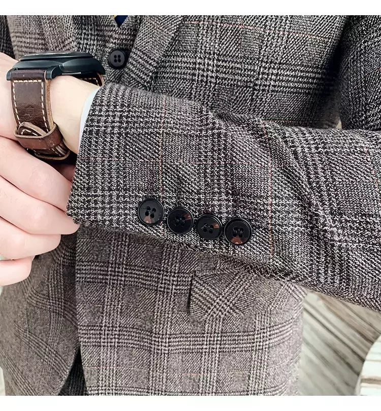 (Blazer + calças) high-end marca formal negócios xadrez terno dos homens noivo vestido de casamento cor sólida palco desempenho smoking S-7XL