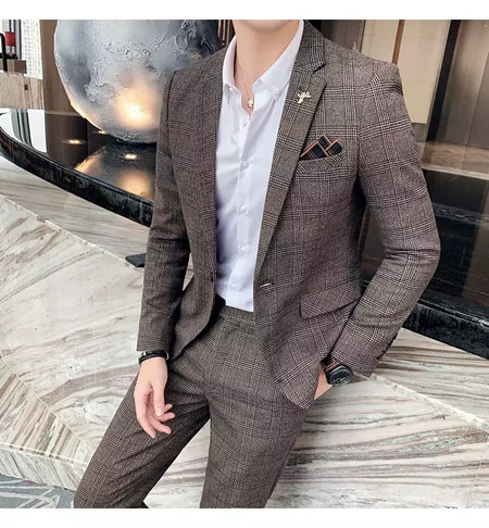 (Blazer + calças) high-end marca formal negócios xadrez terno dos homens noivo vestido de casamento cor sólida palco desempenho smoking S-7XL