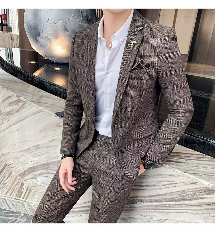 (Blazer + calças) high-end marca formal negócios xadrez terno dos homens noivo vestido de casamento cor sólida palco desempenho smoking S-7XL