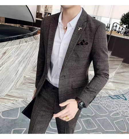 (Blazer + calças) high-end marca formal negócios xadrez terno dos homens noivo vestido de casamento cor sólida palco desempenho smoking S-7XL