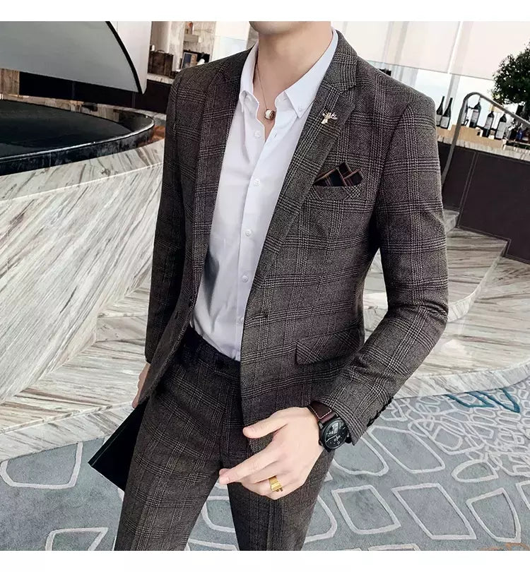 (Blazer + calças) high-end marca formal negócios xadrez terno dos homens noivo vestido de casamento cor sólida palco desempenho smoking S-7XL