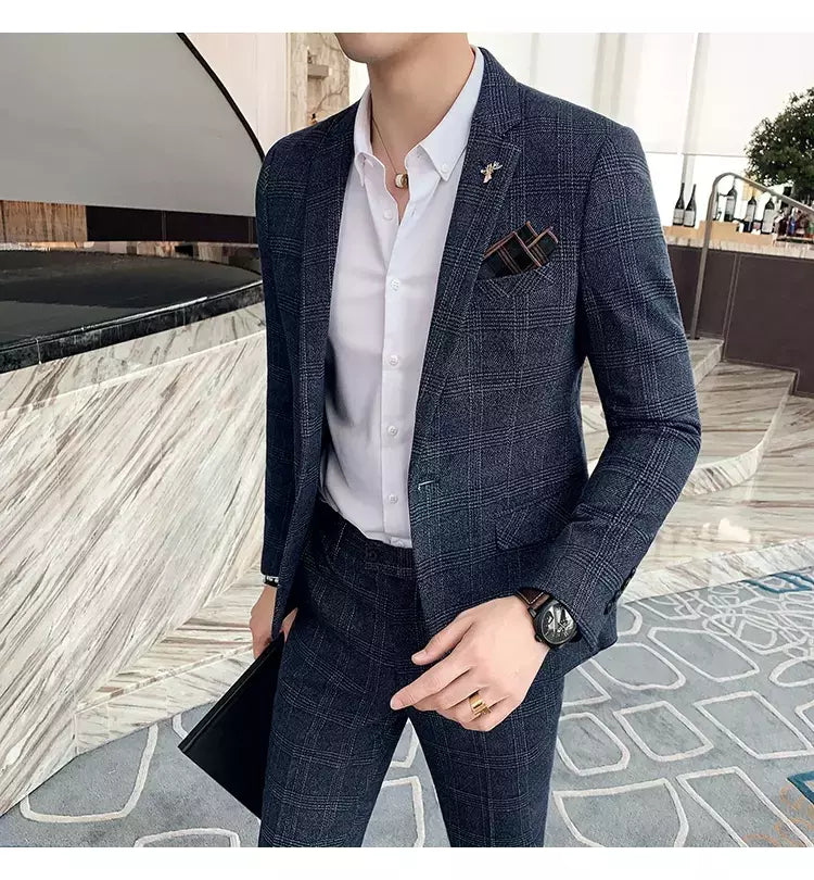 (Blazer + calças) high-end marca formal negócios xadrez terno dos homens noivo vestido de casamento cor sólida palco desempenho smoking S-7XL